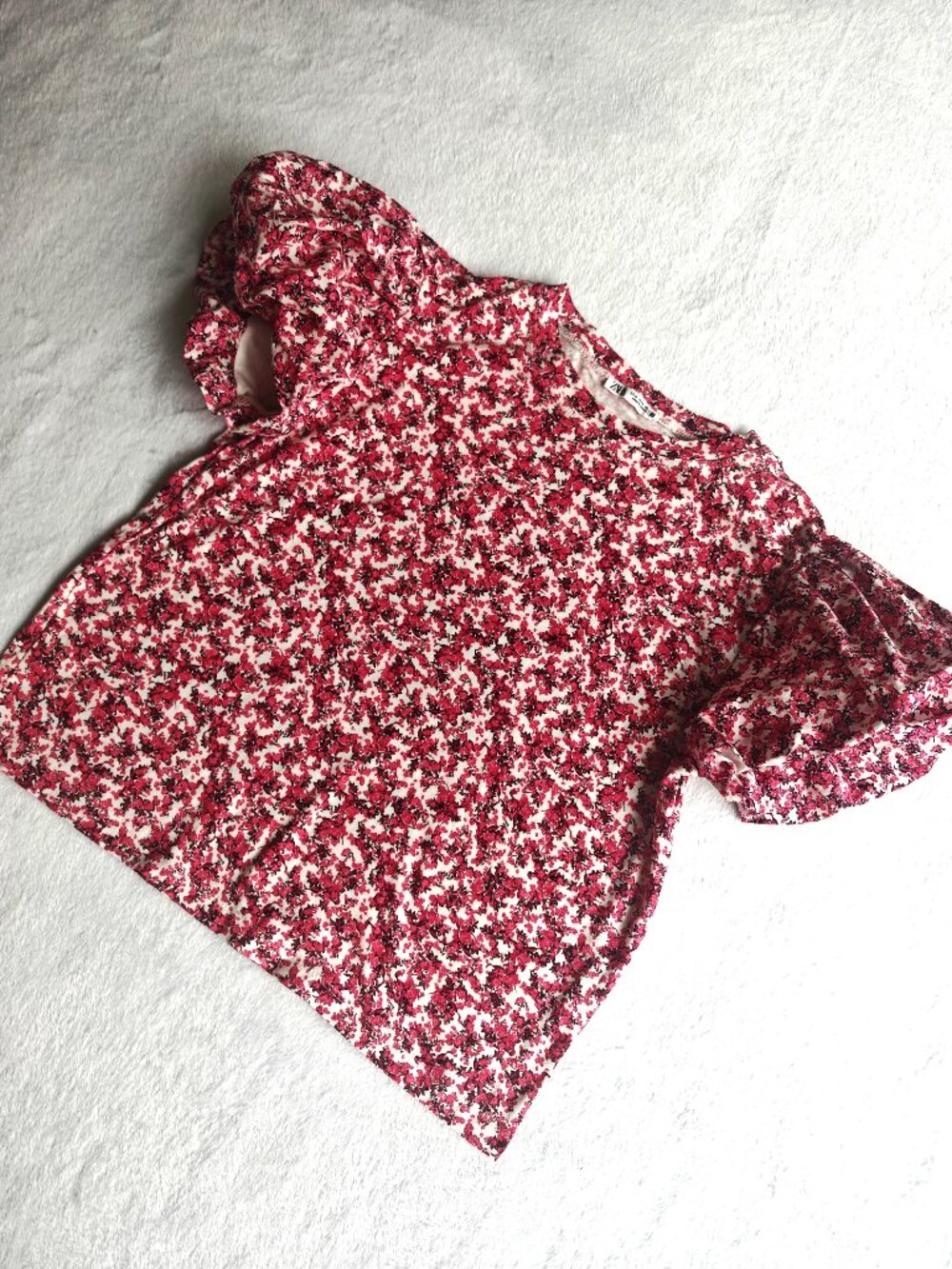 ZARA Floral Puff Sleeve Top Red Pink Fitted Blouse Size M Romantic Cottagecore S - Picture 7 of 11